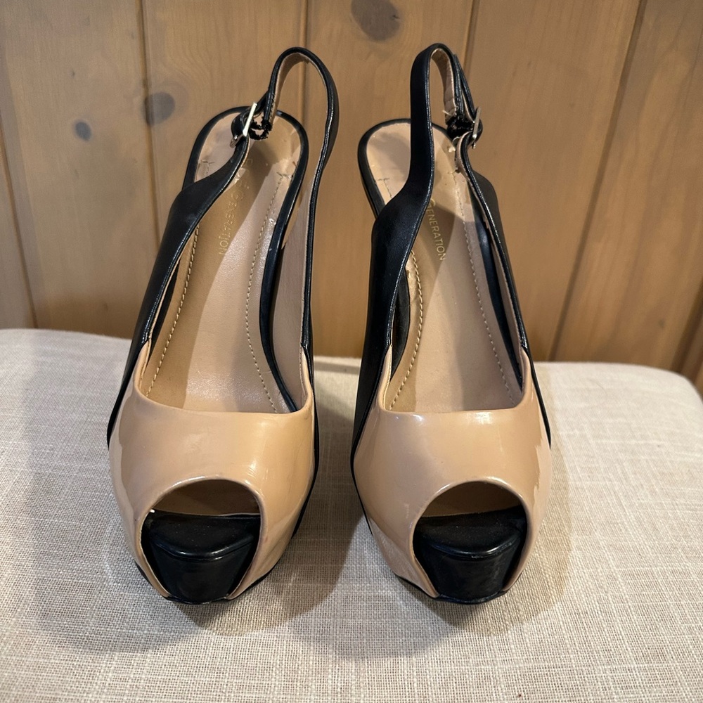 Black and Tan Peep-Toe Slingback Heels